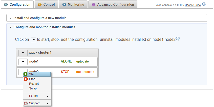 The first node starts as primary and becomes ALONE