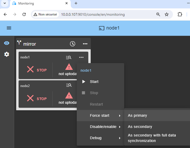 Start as primary the Docker node with the up-to-date data