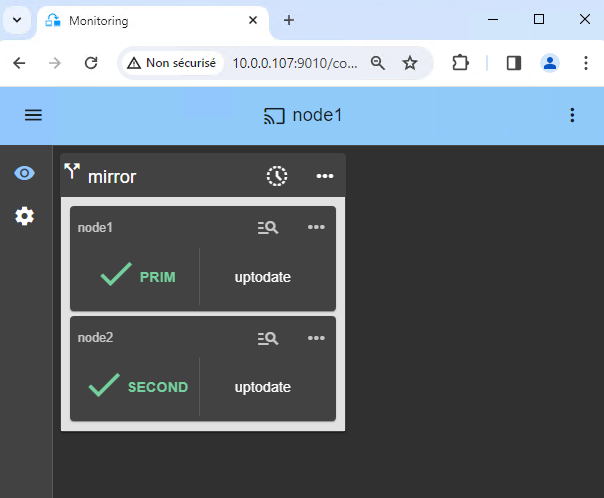 SafeKit Web Console: Real-time monitoring of a 2-node mirror Hyper-V cluster showing PRIM and SECOND states with active data replication.