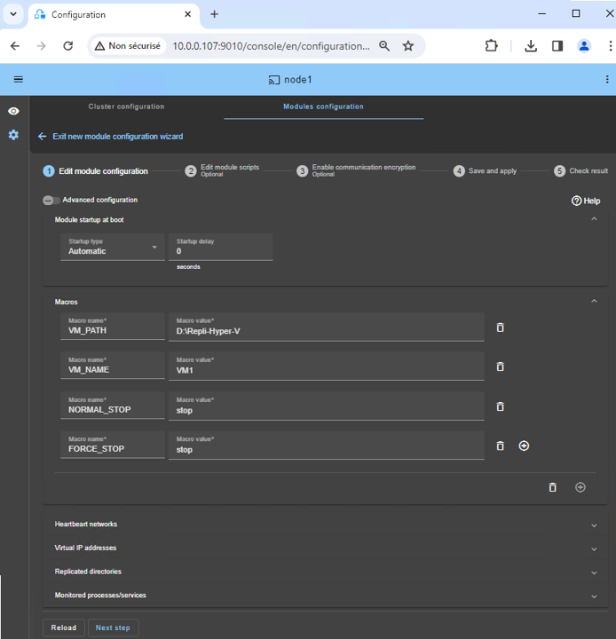 SafeKit Web Console: 2-node Hyper-V cluster dashboard for VM replication and automatic failover.