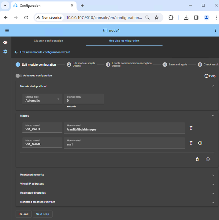 SafeKit Web Console: 2-node KVM cluster dashboard for VM replication and automatic failover.