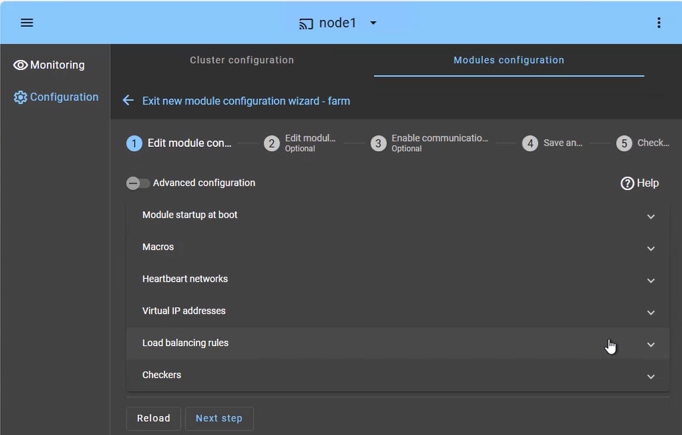 SafeKit Web Console: Farm-mode cluster configuration for Windows/Linux network load balancing and virtual IP management.
