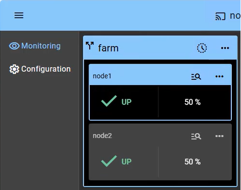 SafeKit Console: Monitoring a 2-node farm-mode cluster showing both Windows/Linux nodes in UP state with active load balancing.