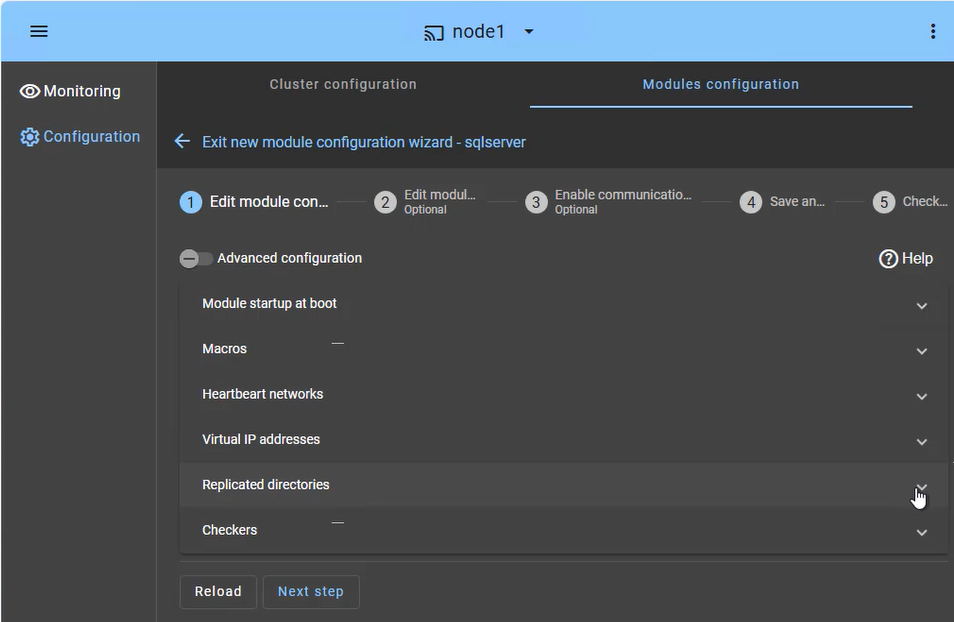 SafeKit Web Console: High Availability configuration dashboard for Windows/Linux showing heartbeat networks, virtual IP setup, and real-time directory replication for a mirror cluster.