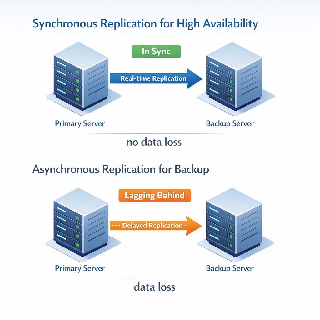 Comparison diagram of synchronous vs asynchronous replication showing data loss risk during failover