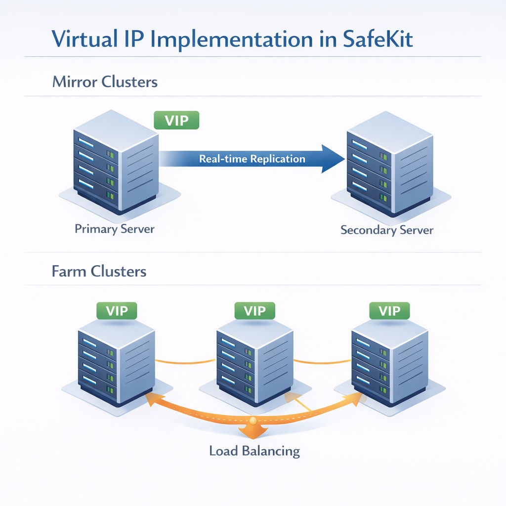 Comparison diagram of Virtual IP (VIP) behavior in Evidian SafeKit: Mirror Clusters showing a floating IP on the active node vs. Farm Clusters showing network load balancing across all nodes.