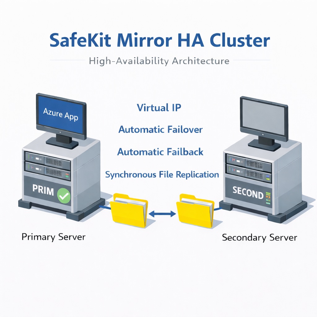 SafeKit High Availability Azure Cluster Architecture providing Virtual IP, Automatic Failover, Automatic Failback, and Synchronous Real-time File Replication
