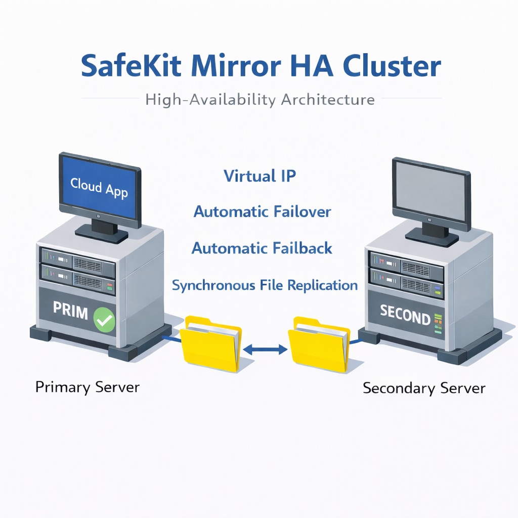 SafeKit High Availability Cloud Cluster Architecture providing Virtual IP, Automatic Failover, Automatic Failback, and Synchronous Real-time File Replication