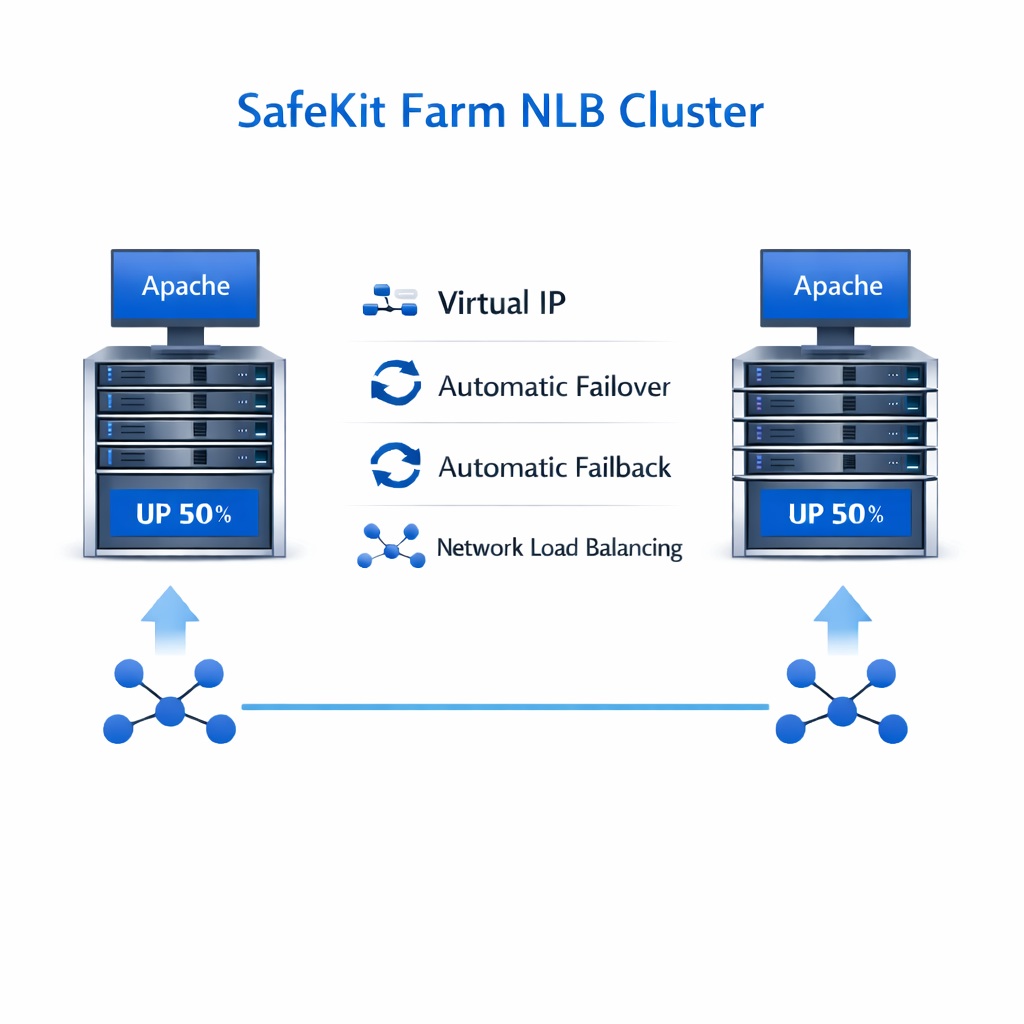 SafeKit High Availability Windows/Linux Cluster Architecture providing Virtual IP, Automatic Failover, Automatic Failback, and Network Load Balancing