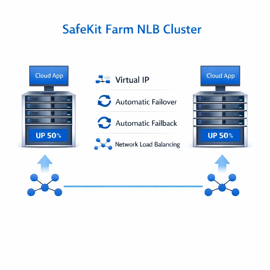 SafeKit High Availability Cloud Cluster Architecture providing Virtual IP, Automatic Failover, Automatic Failback, and Network Load Balancing
