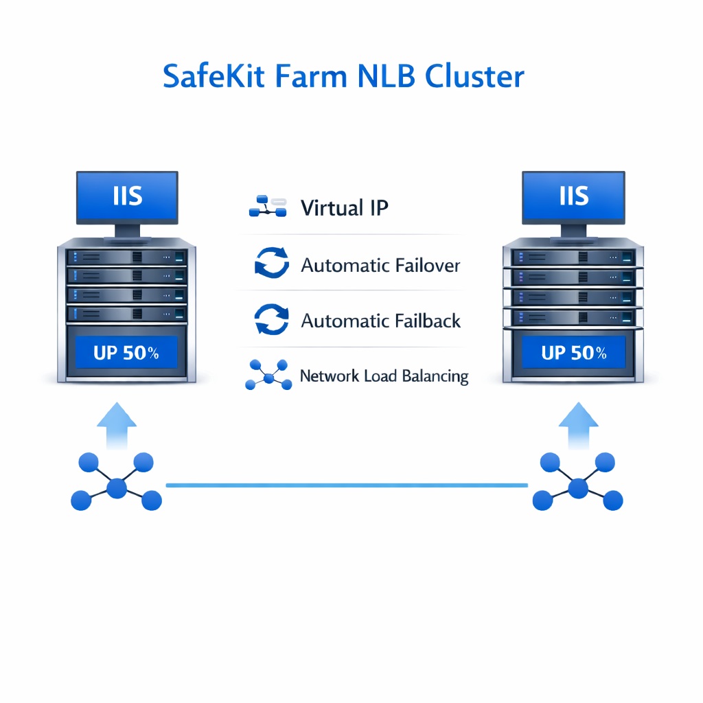 SafeKit High Availability Windows/Linux Cluster Architecture providing Virtual IP, Automatic Failover, Automatic Failback, and Network Load Balancing