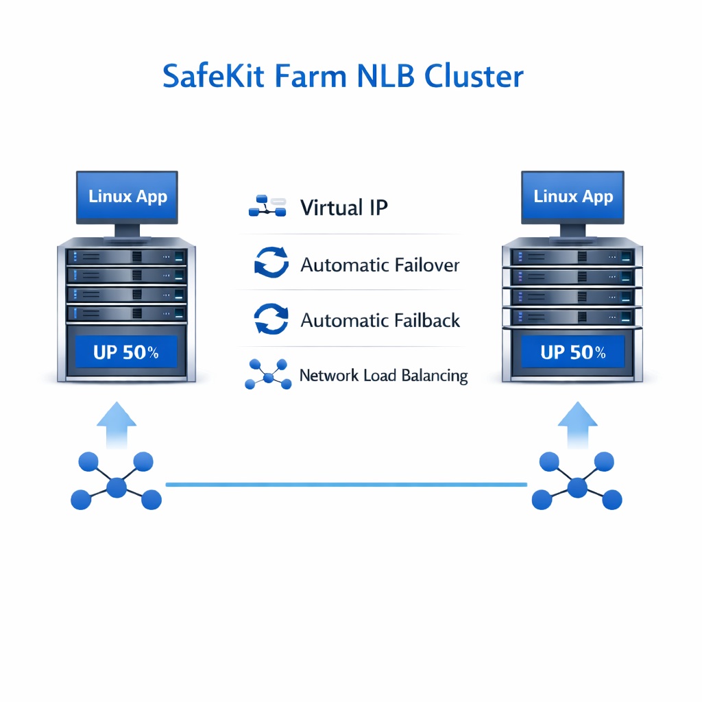 SafeKit High Availability Windows/Linux Cluster Architecture providing Virtual IP, Automatic Failover, Automatic Failback, and Network Load Balancing