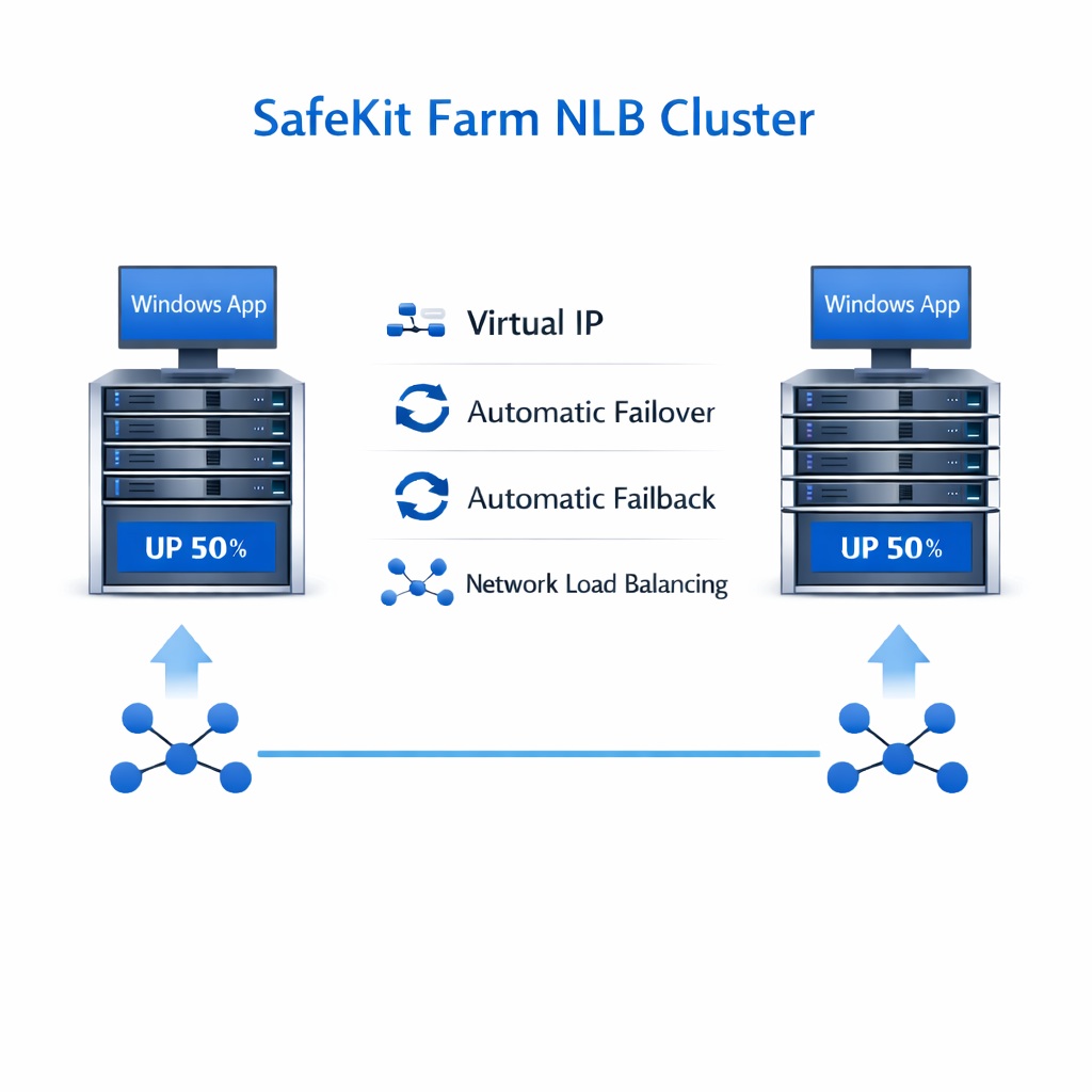 SafeKit High Availability Windows/Linux Cluster Architecture providing Virtual IP, Automatic Failover, Automatic Failback, and Network Load Balancing