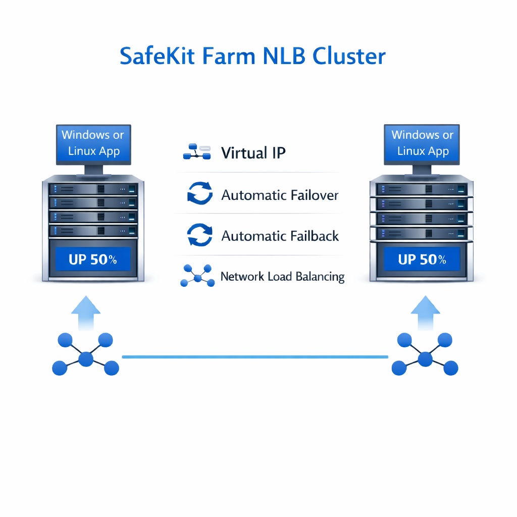 SafeKit High Availability Windows/Linux Cluster Architecture providing Virtual IP, Automatic Failover, Automatic Failback, and Network Load Balancing