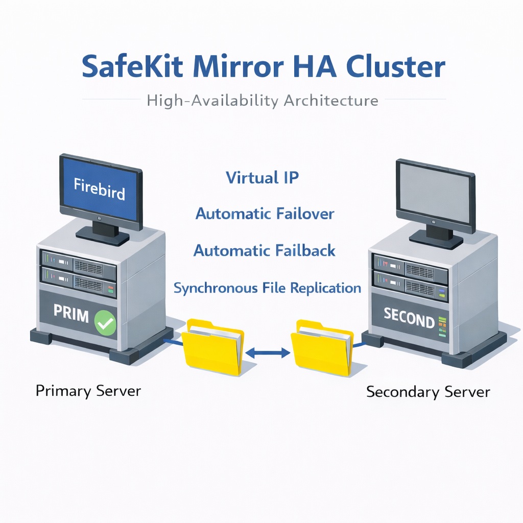 SafeKit High Availability Firebird Cluster Architecture providing Virtual IP, Automatic Failover, Automatic Failback, and Real-time replication