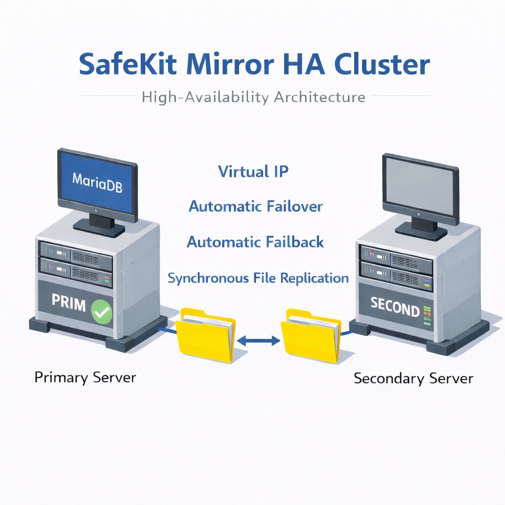 SafeKit High Availability MariaDB Cluster Architecture providing Virtual IP, Automatic Failover, Automatic Failback, and Real-time replication