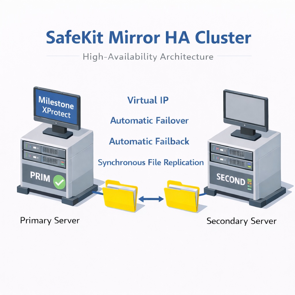 SafeKit High Availability Milestone XProtect Cluster Architecture providing Virtual IP, Automatic Failover, Automatic Failback, and Real-time replication