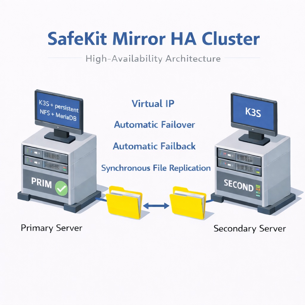 SafeKit architecture diagram for 2-node K3s high availability featuring integrated Virtual IP, real-time replication, and automatic failover.