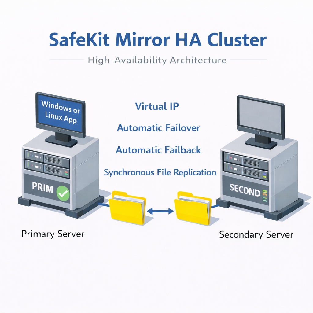 SafeKit High Availability Windows or Linux Cluster Architecture providing Virtual IP, Automatic Failover, Automatic Failback, and Real-time replication