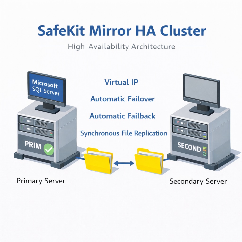 SafeKit High Availability Microsoft SQL Server Cluster Architecture providing Virtual IP, Automatic Failover, Automatic Failback, and Real-time replication