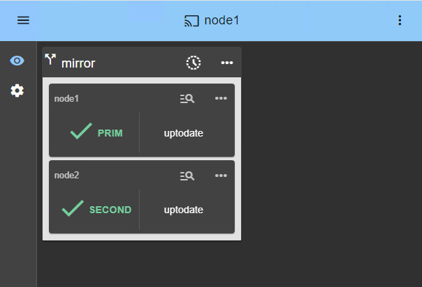 SafeKit Web Console: Real-time monitoring of a 2-node mirror cluster for Windows/Linux showing PRIM and SECOND states with active data replication.