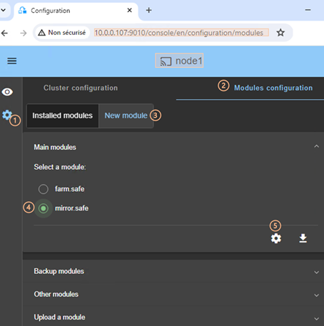 SafeKit web console image
Select a new module to configure from the configuration home page