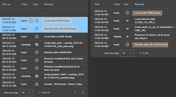 SafeKit web console image
Display the verbose module log by clicking on a message other than S (Script) in the module log using the Logs tab