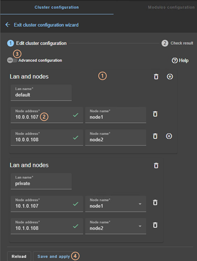 SafeKit web console image
Edit the cluster configuration using the cluster configuration wizard.
Define 2 LANs and IP addresses of 2 nodes on these networks