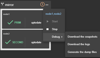 SafeKit web console image
Start or stop the module on all nodes, download all module snapshots or logs, using the global menu of the module