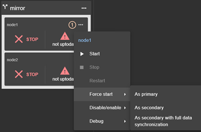 SafeKit web console image
Actions using the local menu of the mirror module on the selected node:
start, stop or restart the module
force start as primary, as secondary, as secondary with full data synchronization