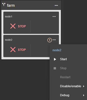 SafeKit web console image
Actions using the local menu of the farm module on the selected node:
start, stop or restart the module
