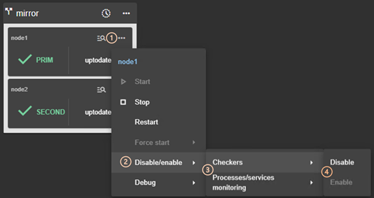 SafeKit web console image
Actions using the local menu of the module on the selected node:
disable or enable configured checkers (TCP, ping, custom….) ; disable or enable configured processes monitoring and services monitoring