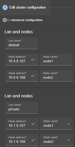 SafeKit web console image
Edit the cluster configuration using cluster configuration wizard. Add a new LAN and define IP addresses of 2 nodes on both networks