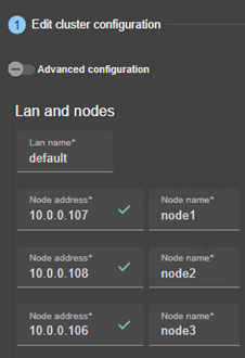 SafeKit web console image
Edit the cluster configuration using cluster configuration wizard. Define 1 LAN and IP addresses of 3 nodes on this network, for a farm module