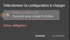 Image de la console web SafeKit
Sélectionnez un fichier local avec l'extension .safe ou .zip pour charger une configuration de module à partir de la page d'accueil de la configuration du module