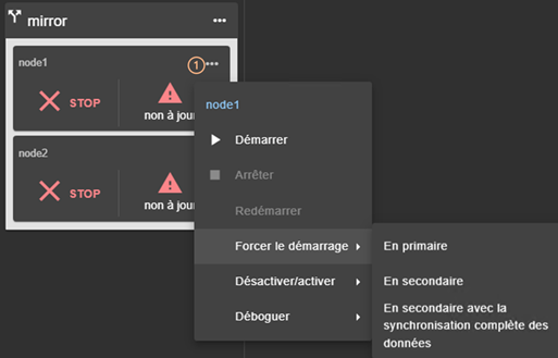 Image de la console web SafeKit
Actions du menu local du module miroir sur le nœud sélectionné. Démarrer, arrêter, redémarrer, forcer le démarrage en primaire, forcer le démarrage en secondaire, forcer le démarrage en secondaire avec synchronisation complète des données