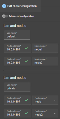 Image de la console web SafeKit
Éditer la configuration du cluster en utilisant l'assistant de configuration du cluster.  Ajouter un nouveau LAN et définir les adresses IP de 2 nœuds sur ces réseaux